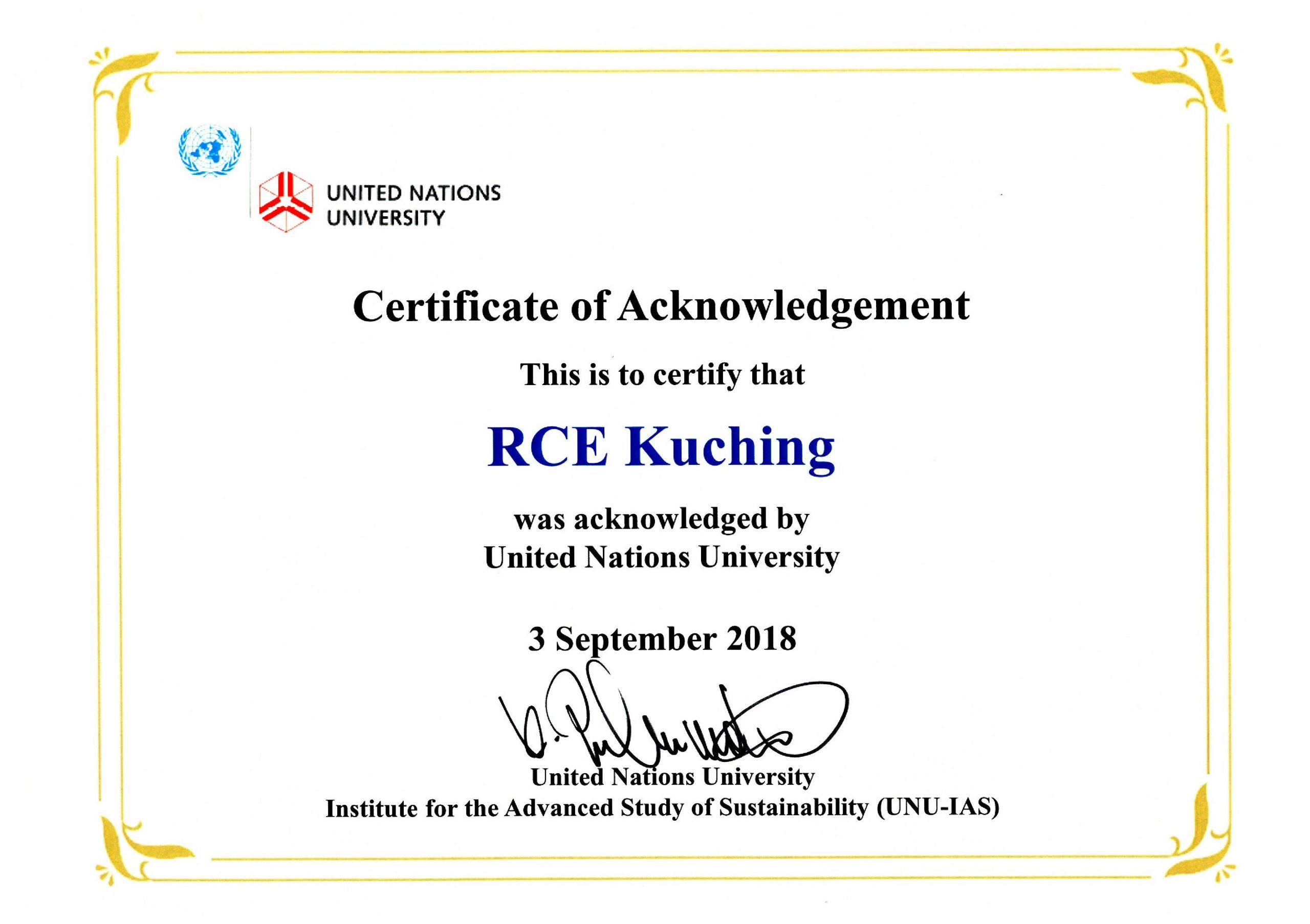 Certificate of Acknowledgement by United Nation University Institute for the Advanced Study of Sustainability (UNU-IAS)