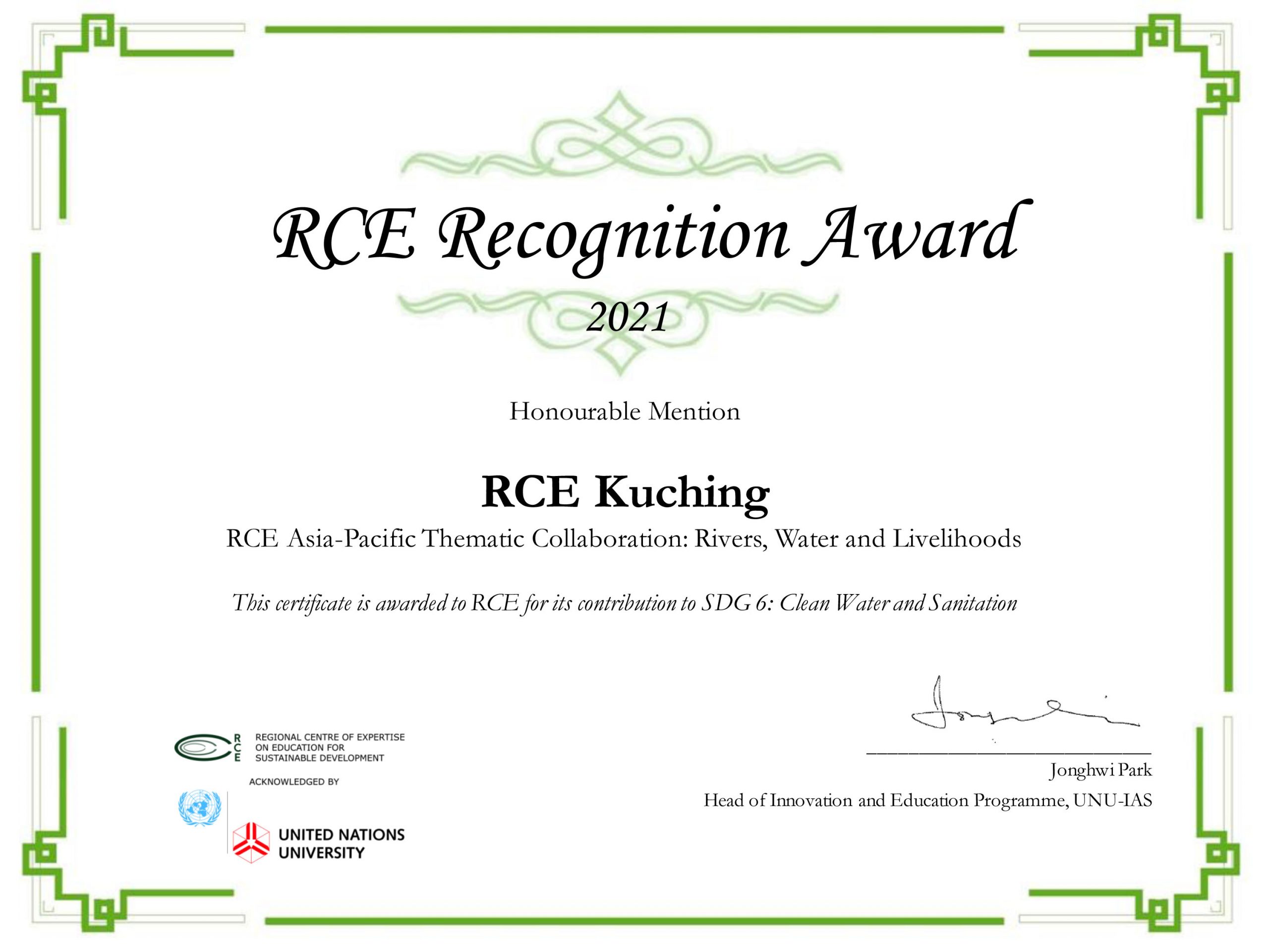 RCE Recognition Award 2021- Honourable Mention (SDG6) – Clean Water & Sanitation