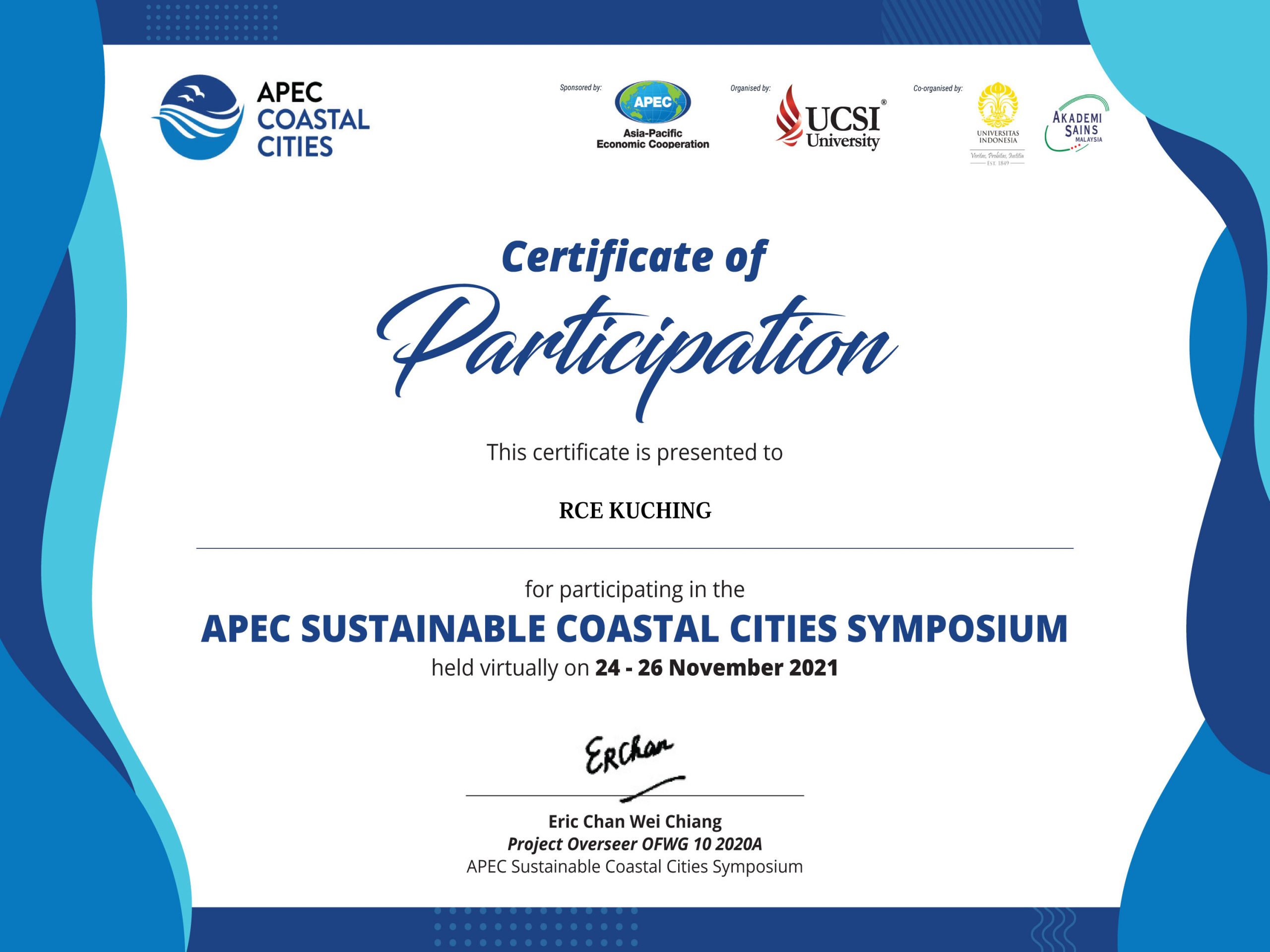 Certificate of Participation – APEC Sustainable Coastal Cities Symposium – 2021